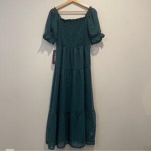 Puff Sleeve Midi Dress Emerald Green Swiss Dot